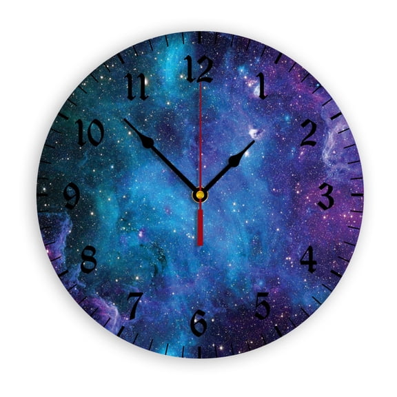 Galaxy Stars in Space Wall Clock, Battery Operated, PVC Round Silent Non-Ticking Clock with Clear Numbers for Living Room, Kitchen, Bedroom, Office, School Decor 10inch-25cm