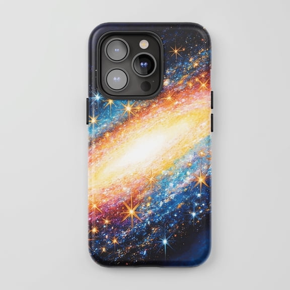 Tough 2 Layer Shockproof Protective Case Compatible with iPhone 17, Galaxy Stars Cosmic Space Blue Orange Design