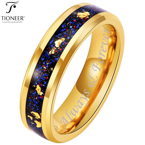 Galaxy Style Tungsten Carbide Ring w Opal & Gold leaf Inlay in 8mm or 6mm Wedding Band for Men Women