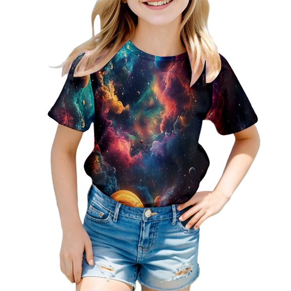 Galaxy T Shirt for Kids Toddler Boys Girls Starry Print Round Neck Outfits Clothes Soft Comfy Loose Toddler Baby Girls Summer Clothes, Shirts for Kids,Black,4-5 Years