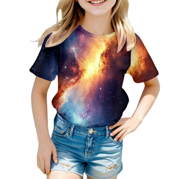 Galaxy T Shirt for Kids Toddler Boys Girls Starry Print Round Neck Outfits Clothes Soft Comfy Loose Toddler Baby Girls Summer Clothes, Shirts for Kids,Orange,6-7 Years