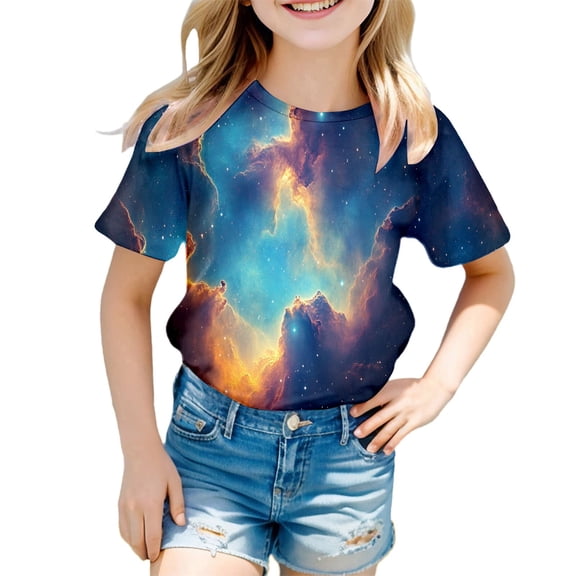 Galaxy T Shirt for Kids Toddler Boys Girls Starry Print Round Neck Outfits Clothes Soft Comfy Loose Toddler Baby Girls Summer Clothes, Shirts for Kids,Sky Blue,3-4 Years
