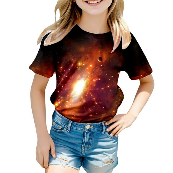 Galaxy T Shirt for Kids Toddler Boys Girls Starry Print Round Neck Outfits Clothes Soft Comfy Loose Toddler Baby Girls Summer Clothes, Shirts for Kids,Red,8-9 Years