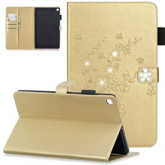 Galaxy Tab A 10.1" 2019 Case SM-T510 T515, NOT for Tab A 10.1 2016 T580, Allytech 3D Plum Blossom Series PU Leather Card Slots Wallet Case with Kickstand for Samsung Galaxy Tab A 10.1 2019 T510,Gold