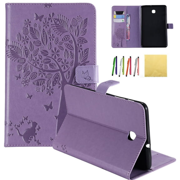 Galaxy Tab A 8.0 2018 Case, Allytech Embossed Cat & Tree PU Leather Stand Folio Wallet Case Cover with Credit Card Slots for Samsung Galaxy Tab A 8.0 (Model: SM-T387), Purple