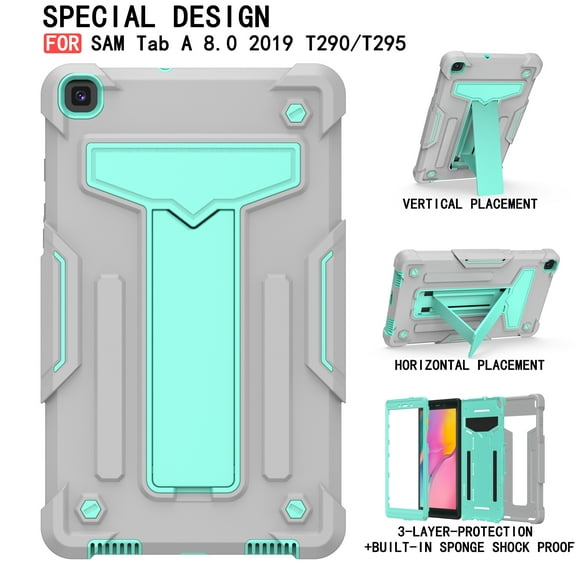 Galaxy Tab A 8.0" 2019 Case T290 T295, Allytech Heavy Duty Protection Multi Angle Viewing Stand Shockproof Kids Friendly Rugged Back Cover Case for Samsung Galaxy Tab A 8.0 2019, Gray/Aqua