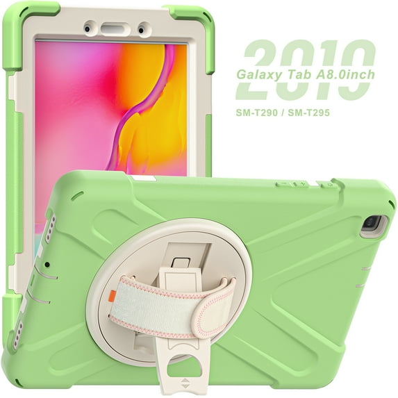 Galaxy Tab A 8.0 2019 Released Case with PET Screen Protector, SM-T290 T295 T297 Case, Allytech Heavy Protection Rugged Kickstand Hand Strap Kids Friendly Case for Galaxy Tab A 8.0 T290, Matchagreen