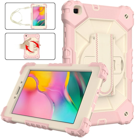 Galaxy Tab A 8.0 Case 2019,Colorful Heavy Duty Shockproof Kids Silicone Cover with Hand Strap Kickstand Shoulder Strap for Samsung Galaxy Tab A 8.0 SM-T290/T295/T297,Rosegold & Beige