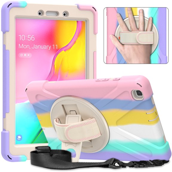 Galaxy Tab A 8.0 Case 2019, Heavy Duty Rugged Shockproof Case with Hand Strap Kickstand Carrying Shoulder Strap for Galaxy Tab A 8.0 inch 2019 Model SM-T290 SM-T295 SM-T297,Rainbow Pink