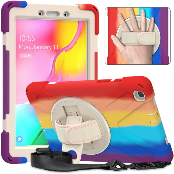 Galaxy Tab A 8.0 Case 2019, Heavy Duty Rugged Shockproof Case with Hand Strap Kickstand Carrying Shoulder Strap for Galaxy Tab A 8.0 inch 2019 Model SM-T290 SM-T295 SM-T297,Rainbow Red