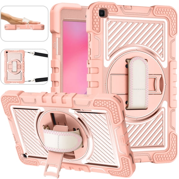 Galaxy Tab A 8.0 Kids Case,Rugged Heavy Duty Protective Case with Rotating Hand Strap Stand Handle Shoulder Strap Tablet Cover for Samsung Galaxy Tab A 8.0 inch 2019 sm-T290/T295/T297,Rosegold