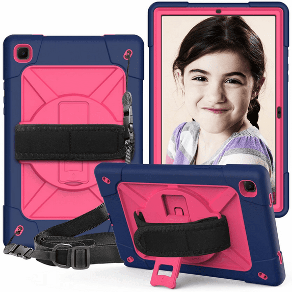 For Galaxy Tab A7 10.4 Inch 2020/SM-T500/T505/T507 with Built-in Screen Protector and 360 Degree Swivel Stand and Hand Strap and Shoulder Strap Case for Samsung Tab A7 10.4 Inch - Navy Rose