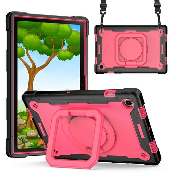 Galaxy Tab A8 10.5" Case (Model SM-X200/X205) - TECH CIRCLE Foldable Kickstand Shockproof Kids Proof Rugged Case with Adjustable Shoulder Strap for Samsung Galaxy Tab A8 10.5-inch Tablet, Black+Rose