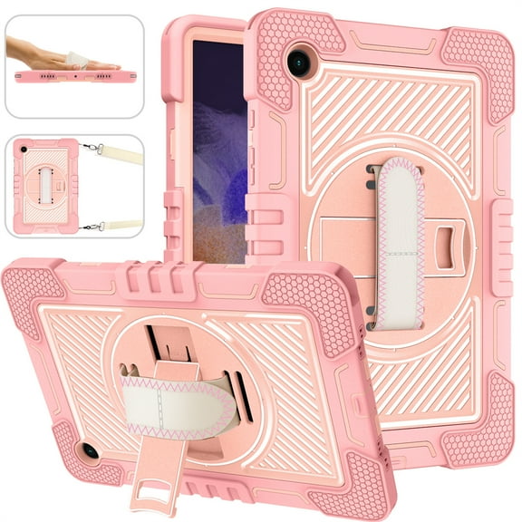 Galaxy Tab A8 10.5" Case (SM-X200/SM-X205) - TECH CIRCLE [with Shoulder/Hand Strap & Rotating Kickstand] Protective Rugged Case Cover for Samsung Galaxy Tab A8 10.5-inch Tablet, Rosegold