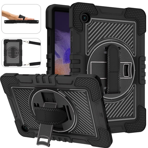 Galaxy Tab A8 10.5-inch X200 X205 X207,Shockproof 3-Layer Protection Heavy Duty Case 360 Rotating Kickstand Hand Strap Cover with Shoulder Strap for Samsung Galaxy Tab A8 10.5" 2022,Black