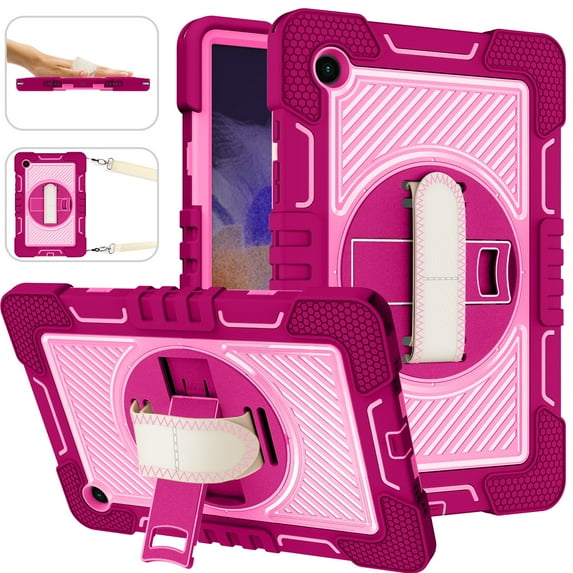 Galaxy Tab A8 10.5-inch X200 X205 X207,Shockproof 3-Layer Protection Heavy Duty Case 360 Rotating Kickstand Hand Strap Cover with Shoulder Strap for Samsung Galaxy Tab A8 10.5" 2022,Rose+Pink