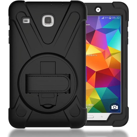 Galaxy Tab E 8.0 Case, Heavy Duty Hybrid Shockproof Protection Cover Built with Kickstand and Hand Strap for Samsung Galaxy Tab E 32GB SM-T378/Tab E 8.0 Inch SM-377 Tablet (Black)