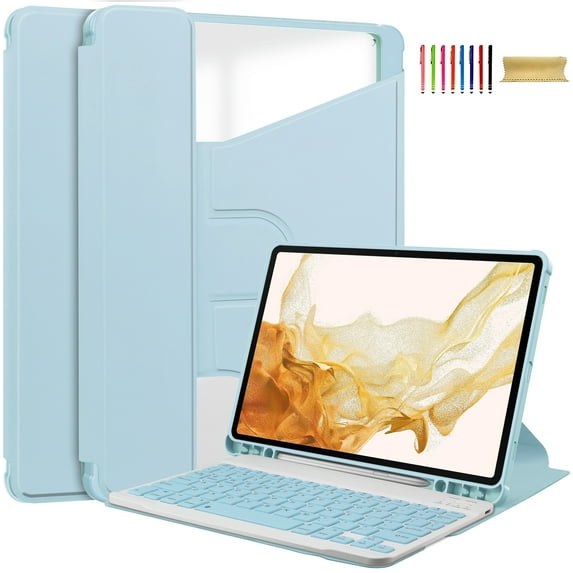 Galaxy Tab S10 Ultra Case 14.6", Clear Back Cover Rotating Kickstand Shockproof Premium PU Leather Anti-Yellowing Case with Pen Holder for Samsung Galaxy Tab S10 Ultra SM-X920(No Keyboard),Blue