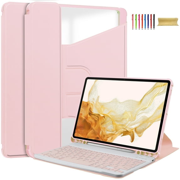 Galaxy Tab S10 Ultra Case 14.6", Clear Back Cover Rotating Kickstand Shockproof Premium PU Leather Anti-Yellowing Case with Pen Holder for Samsung Galaxy Tab S10 Ultra SM-X920(No Keyboard),Pink