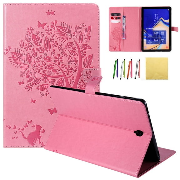 Galaxy Tab S4 10.5 2018 Case, Allytech Embossed Cat & Tree PU Leather Stand Folio Wallet Case Cover with Credit Card Slots for Samsung Galaxy Tab S4 10.5 (Model: SM-T830/T835/T837), Pink