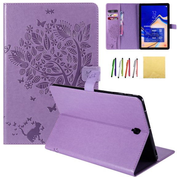 Galaxy Tab S4 10.5 2018 Case, Allytech Embossed Cat & Tree PU Leather Stand Folio Wallet Case Cover with Credit Card Slots for Samsung Galaxy Tab S4 10.5 (Model: SM-T830/T835/T837), Purple