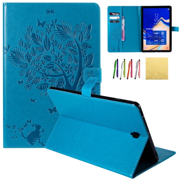 Galaxy Tab S4 10.5 2018 Case, Allytech Embossed Cat & Tree PU Leather Stand Folio Wallet Case Cover with Credit Card Slots for Samsung Galaxy Tab S4 10.5 (Model: SM-T830/T835/T837), Blue