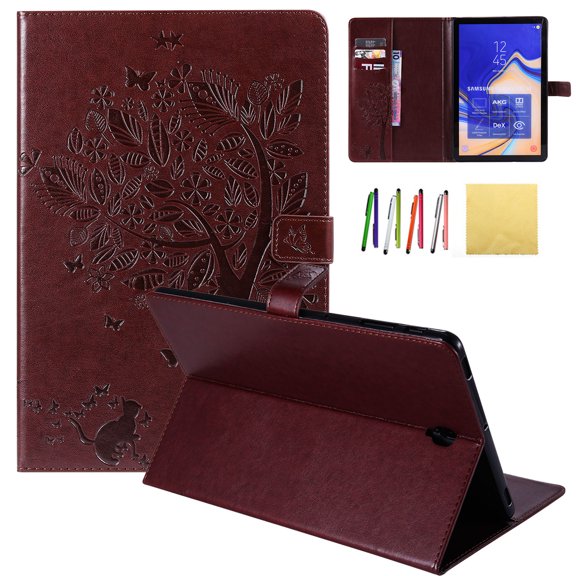 Galaxy Tab S4 10.5 2018 Case, Allytech Embossed Cat & Tree PU Leather Stand Folio Wallet Case Cover with Credit Card Slots for Samsung Galaxy Tab S4 10.5 (Model: SM-T830/T835/T837), Coffee