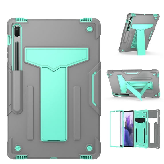 Galaxy Tab S7 FE 2021 Case with Pen Holder, SM-T730/SM-T736B Cover, Allytech Shockproof Heavy Duty Viewing & Typing Viewing Kickstand Case for Samsung Galaxy Tab S7 FE 12.4" 2021, Gray+Mint