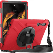 For Galaxy Tab S8 Ultra 2022 Military Grade Heavy Duty Silicone Case for Tablet S8 Ultra 14.6" with S Pen Stand + Swivel Stand + Handle + Shoulder Strap - Red