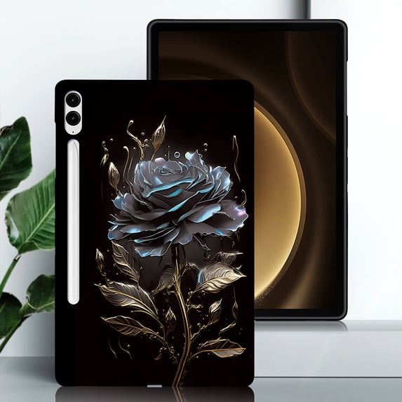 for Galaxy Tab S9 Plus/S8 Plus/S7 Plus/S7 FE Floral Pattern Case, Luxury Ultra Slim Flexible Lightweight Anti-Fingerprint Drop Protective Heat Dissipation with Soft TPU Cover, Black Rose