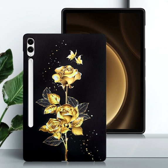 for Galaxy Tab S9 Plus/S8 Plus/S7 Plus/S7 FE Floral Pattern Case, Luxury Ultra Slim Flexible Lightweight Anti-Fingerprint Drop Protective Heat Dissipation with Soft TPU Cover, Gold Butterfly Rose