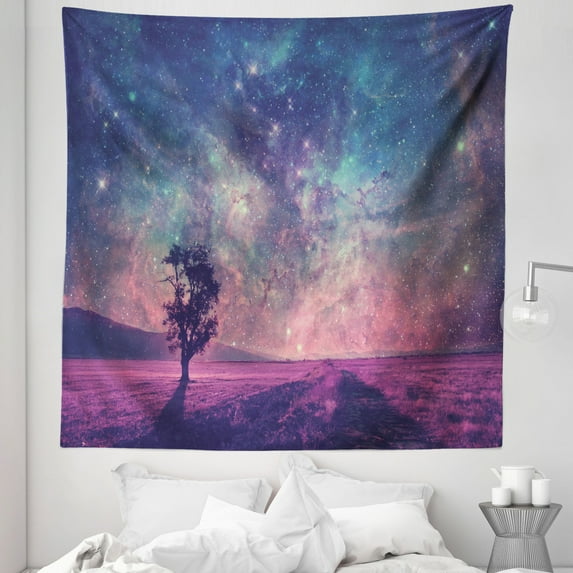Galaxy Tapestry, Lonely Tree Silhouette Space Nasa Furnished Elements Art, Fabric Wall Hanging Decor for Bedroom Living Room Dorm, 5 Sizes, Pink Coral Blue, by Ambesonne
