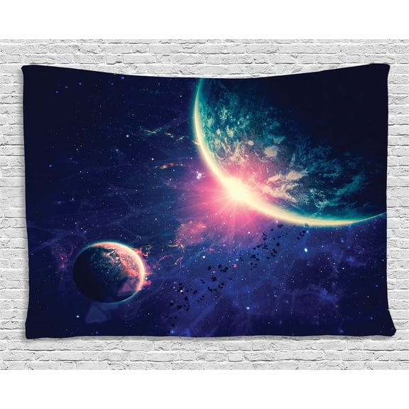 Galaxy Tapestry, Outer Space Theme Planet Earth Mars in Space Discovery of Universe Astronomy Art, Wall Hanging for Bedroom Living Room Dorm Decor, 80W X 60L Inches, Navy Blue Pink, by Ambesonne