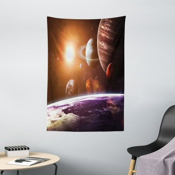 Galaxy Tapestry, Space Theme View of the Planets from Earth Science Room Art with Sun and Moon, Wall Hanging for Bedroom Living Room Dorm Decor, 40W X 60L Inches, Magenta Orange, by Ambesonne