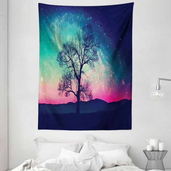 Galaxy Tapestry, Vibrant Stars Magical Fantastic Space Cosmic Lonely Tree Aurora Borealis, Wall Hanging for Bedroom Living Room Dorm Decor, 60W X 80L Inches, Pink Aqua Dark Blue, by Ambesonne