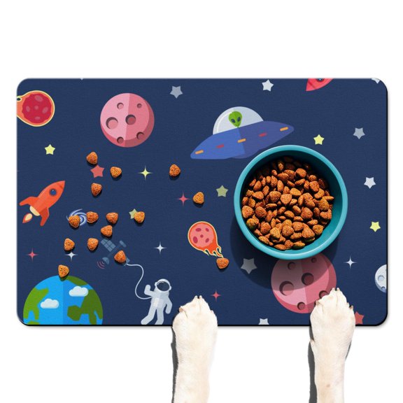 Galaxy Themed Dog Food Mat - Absorbent Non-Slip Pet Feeding Mat with Rocket & Alien Design - Waterproof Placemat for Messy Pets (Sci-Fi Lovers)