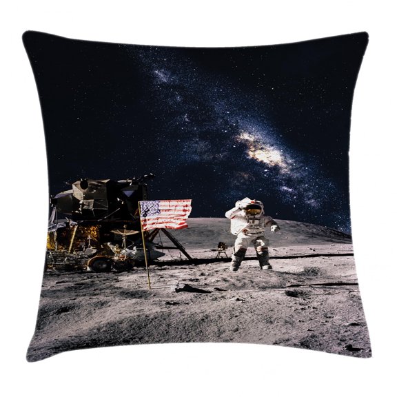 Galaxy Throw Pillow Cushion Cover, Astronaut on Rocky Surface of Moon American Flag USA Rocket Traveling Space Art, Decorative Square Accent Pillow Case, 18 X 18 Inches, Grey Navy Blue, by Ambesonne