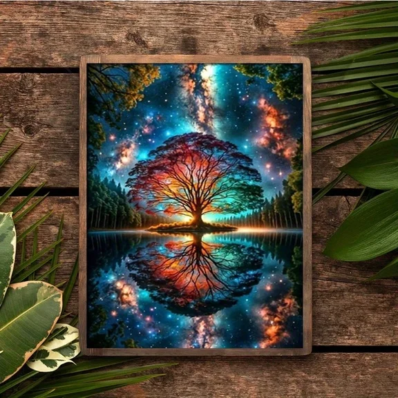 Galaxy Tree Lake Reflection Magical Night Scenery Artwork Home Decor Office Wall Art