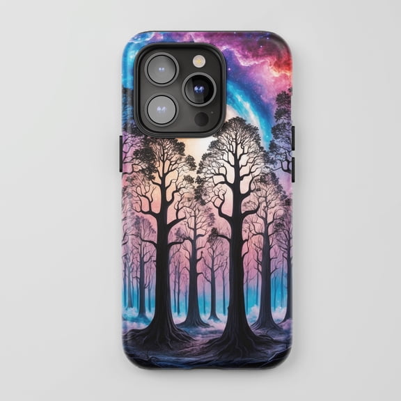 Tough 2 Layer Shockproof Protective Case Compatible with iPhone 17, Galaxy Trees Fantasy Purple Pink Blue Design