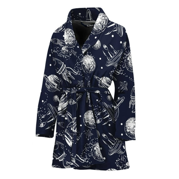 Galaxy Ufo Pattern Women Bathrobe One Size Univeral Fits, Alien Ufo Space Fashion Lightweight Plush Fleece Long Robe For Women