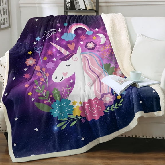 Galaxy Unicorn Throw Blankets for Couch, Space Unicorn Floral Plush Soft Fleece Throw Purple Pink, Cute Unicorn Sherpa Plush Blanket for Kids Girls Boys (Twin 60"x80")