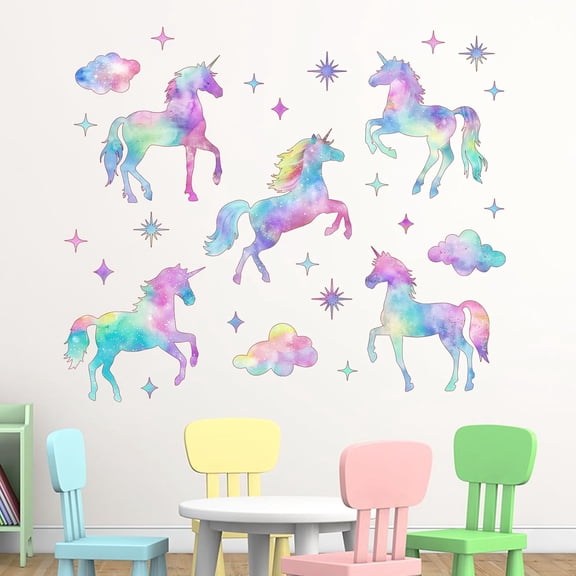 Galaxy Unicorn Watercolor Wall Decals Stickers, Pastel Gradient Glitter Clouds Stars Nursery Decorations Baby Bedroom Art, Toddlers Kids Girls Boys Room Playroom Decor