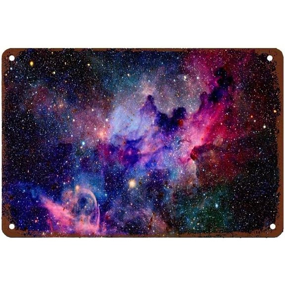 Galaxy Universe Metal Tin Sign Wall Decor, Vintage Space Artwork Plaque, 8 x 12 Inch, Purple Blue Retro Poster for Home Office Living Room