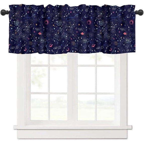 Galaxy Valance Curtain Starry Sky Series Outer Space Planet Cosmic Star Moon Universe Rod Pocket Valance Window Treatments Short Curtains for Kitchen Bathroom 54x18inch