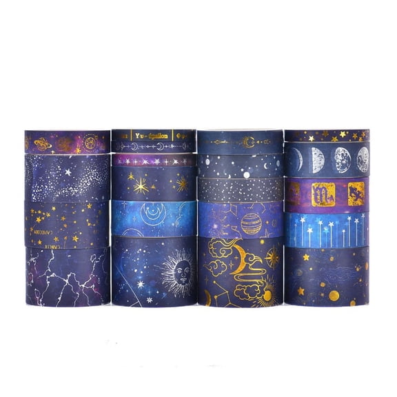 Galaxy Washi Tape Set with Gold Foil - 20 Rolls Astrology Sticker Rolls for Scrapbooking, DIY Journaling, Planner Decoration, Premium Japanese Paper Masking Tape, No Residue, 0.5-3cm Width