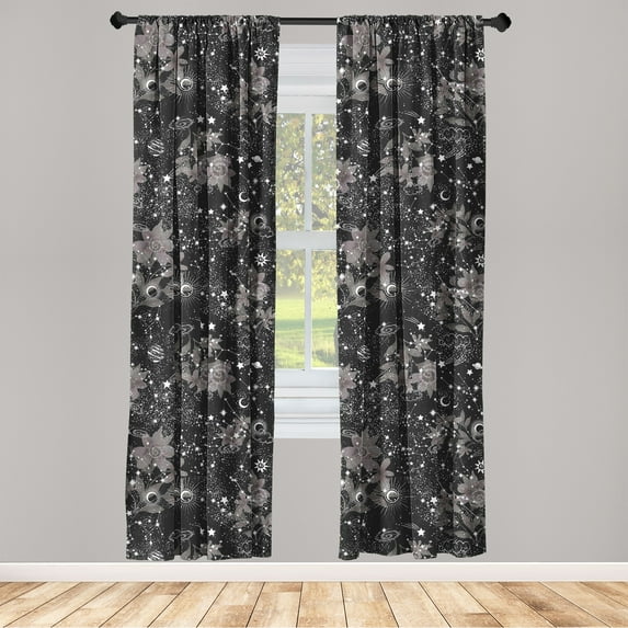 Galaxy Window Curtains, Astro Art Inspired Roses and Outer Space Themed Abstract Universe, Lightweight Decor 2-Panel Set with Rod Pocket, Pair of - 28"x95", Dark Sepia and Charcoal Grey, by Ambesonne