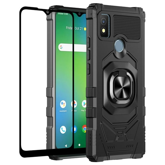 Galaxy Wireless Case for Cricket Debut Smart Case w/Tempered Glass Screen Protector Ring Car Mount Kickstand Hard Phone Case - Black