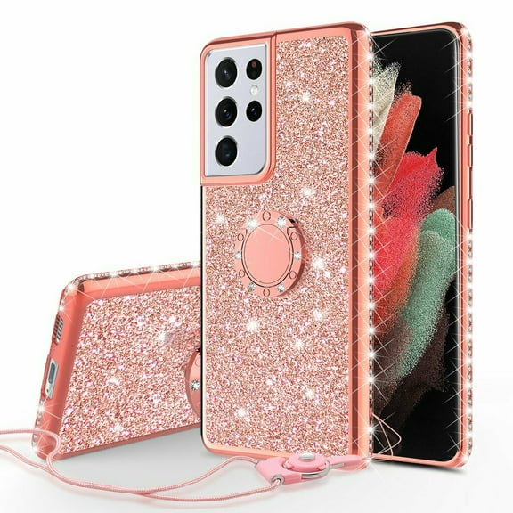 Galaxy Wireless Glitter Case for Samsung Galaxy S21 Ultra Case, Ring Kickstand Bling Cover for Girls Women Diamond Sparkly for Galaxy S21 Ultra Cases - Rose Gold