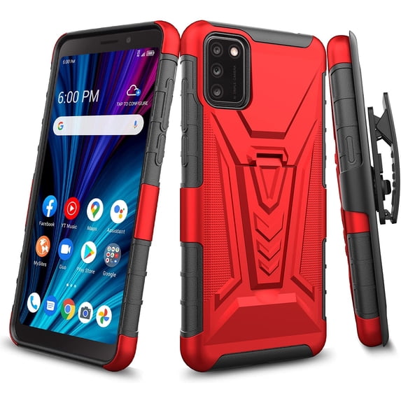 Galaxy Wireless for Alcatel TCL A3X A600DL Case with Tempered Glass Screen Protector Hybrid Cover with Kickstand Phone Belt Clip Holster - Red