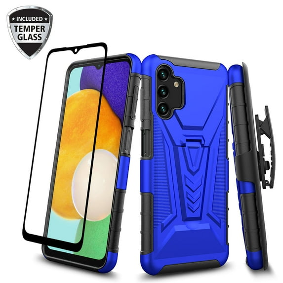 Galaxy Wireless for Samsung Galaxy A13 5G Case with Tempered Glass Screen Protector Hybrid Cover with Kickstand Phone Belt Clip Holster - Blue